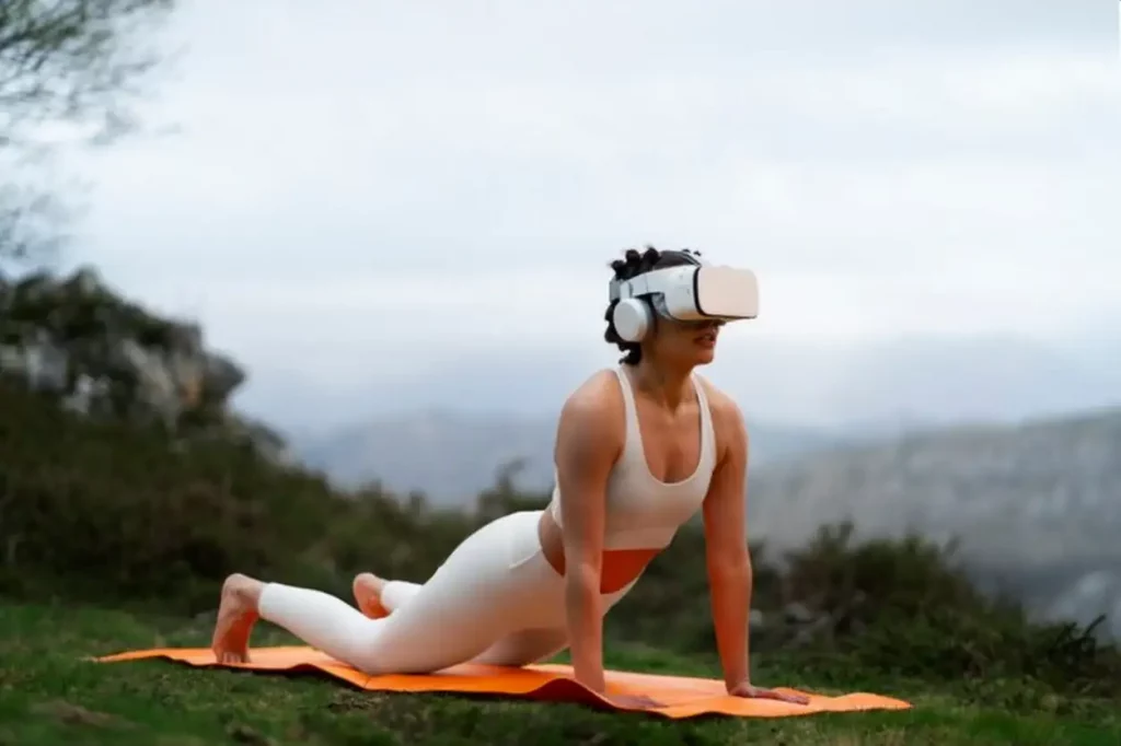 Woman using vr glasses to exercise outdoors in nature