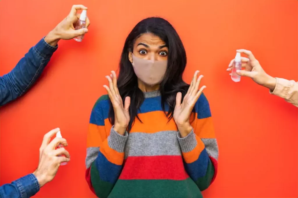 Social distance concept with disinfectant